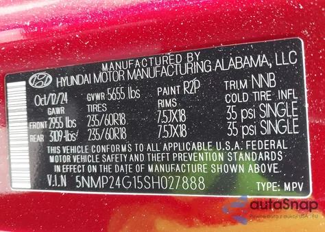 2025 Hyundai Santa Fe Hybrid Sel из США, поврежденный, VIN 5NMP24G15SH027888